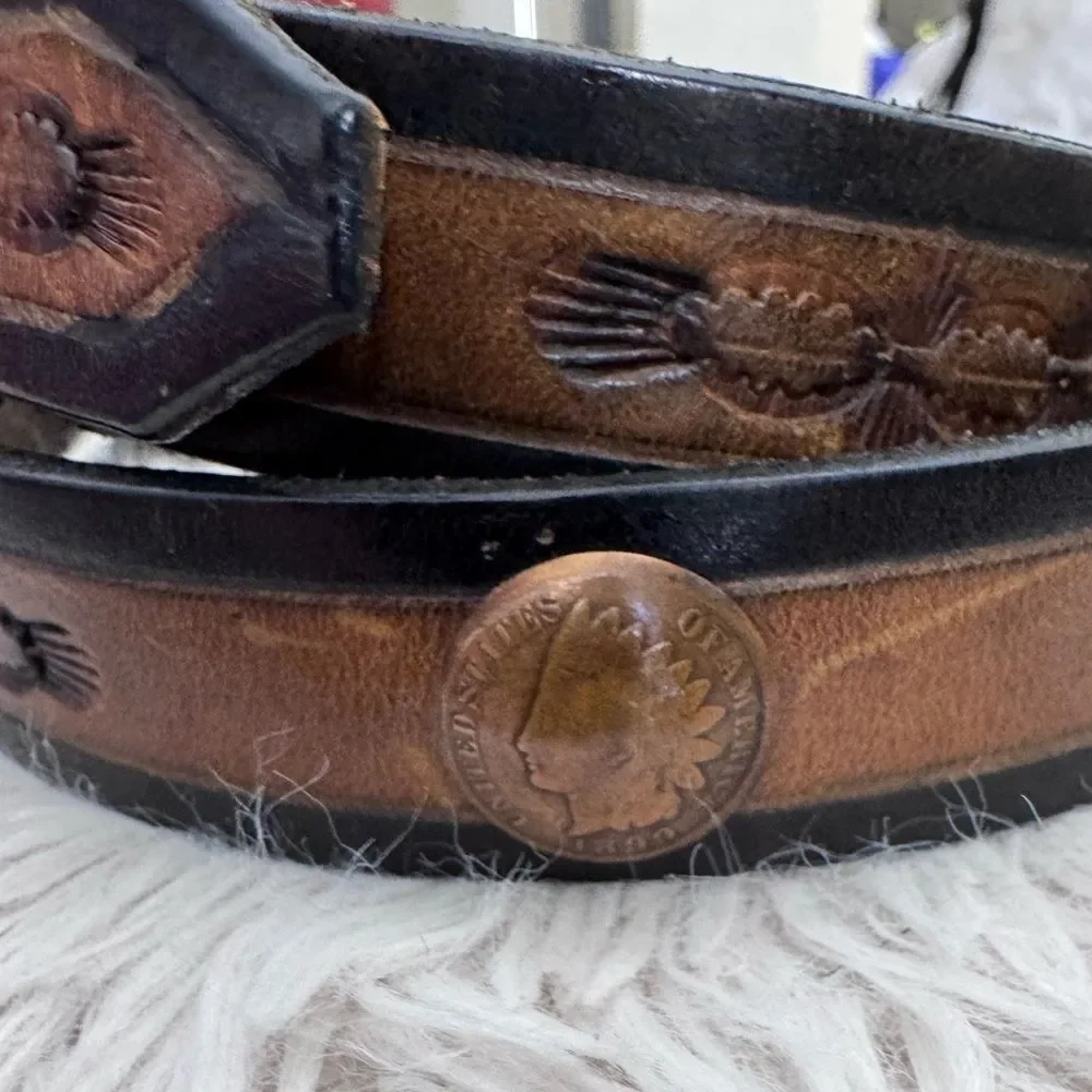 Southwick Leathers Vintage Indian Head Penny Coin Hand Tooled Leather Belt Sz 26